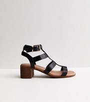 New Look Black Leather-Look Footbed Block Heel Gladiator Sandals